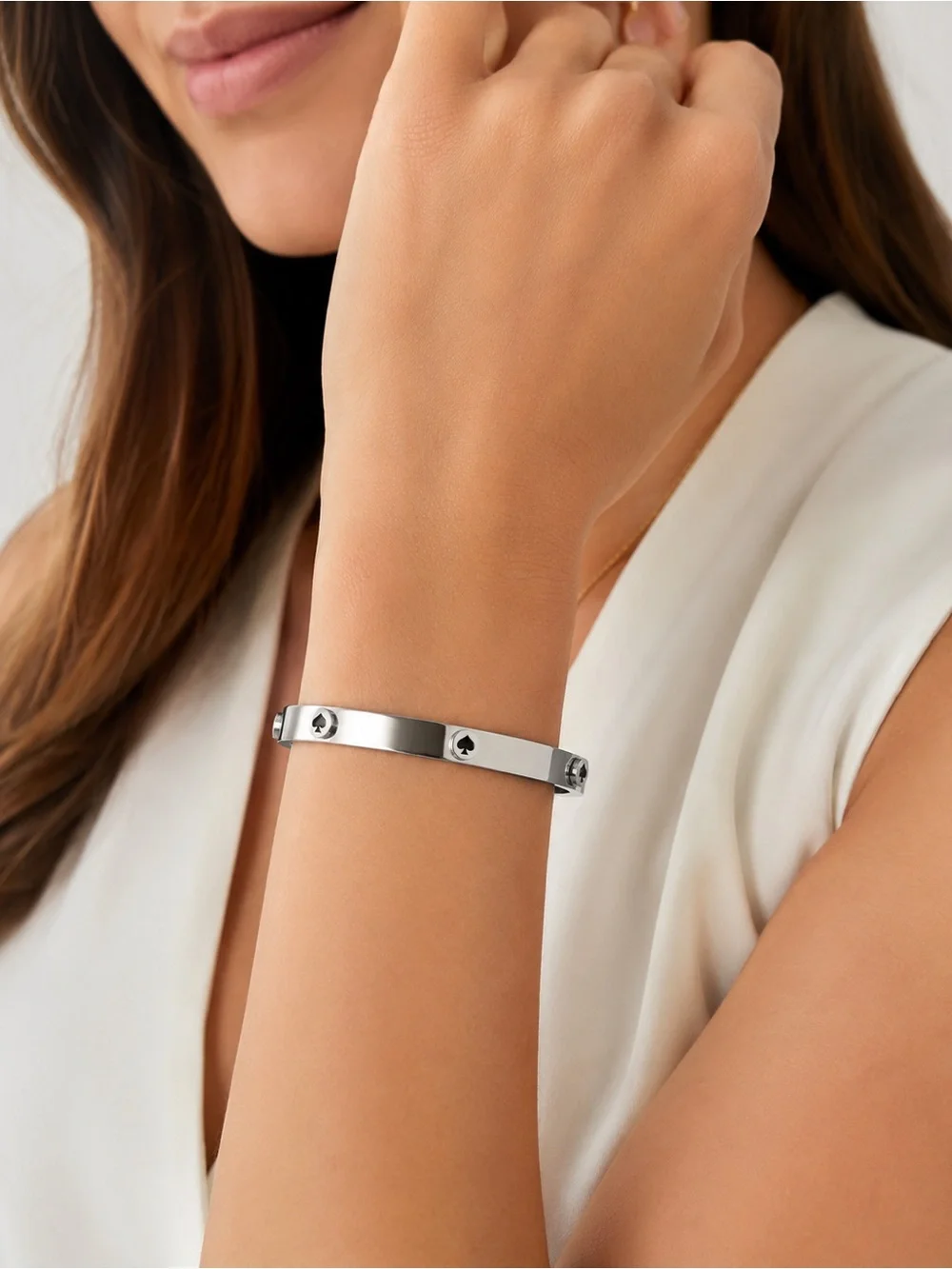 Kate Spade Spot The Spade Studded Hinged Bangle – Silver Tone Stainless Steel 🩶